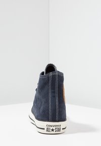 Námořnické modré semišové vysoké tenisky s bílým prošíváním, nášivkou loga Converse a černou gumovou podrážkou s bílými pruhy.