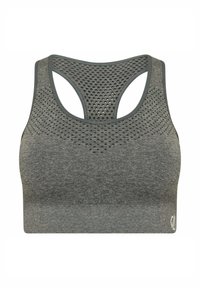 Grauer Sport-BH mit einem Mesh-Panel-Design, featuring einen Racerback-Schnitt und strukturiertem Material. Zeigt ein Logo in der unteren rechten Ecke.