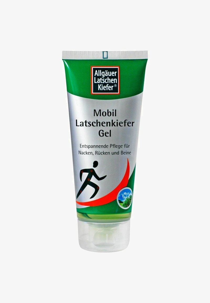Grüne und silberne Tube mit dem Aufdruck "Mobil Latschenkiefer Gel", einschließlich einer Illustration einer laufenden Person und Text auf Deutsch.