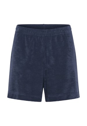 Tamsiai mėlyni šortai, pagaminti iš minkštos, tekstūruotos medžiagos, su elastinga juosta ir paprastu, klasikiniu siluetu. Be kišenių ar papildomų detalių.