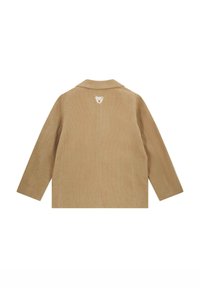 Beige Cordjacke aus Cord mit einem Reverskragen und einem Bärenkopf-Applikation auf der Rückseite. Gerader Schnitt mit langen Ärmeln und einer strukturierten Oberfläche.