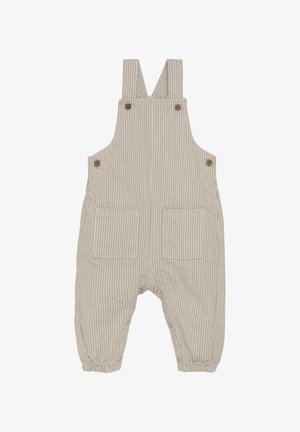 Beżowy ogrodniczki w paski z regulowanymi ramiączkami, dwiema kieszeniami z przodu, elastycznymi mankietami oraz guzikami. Wykonane z lekkiego materiału.