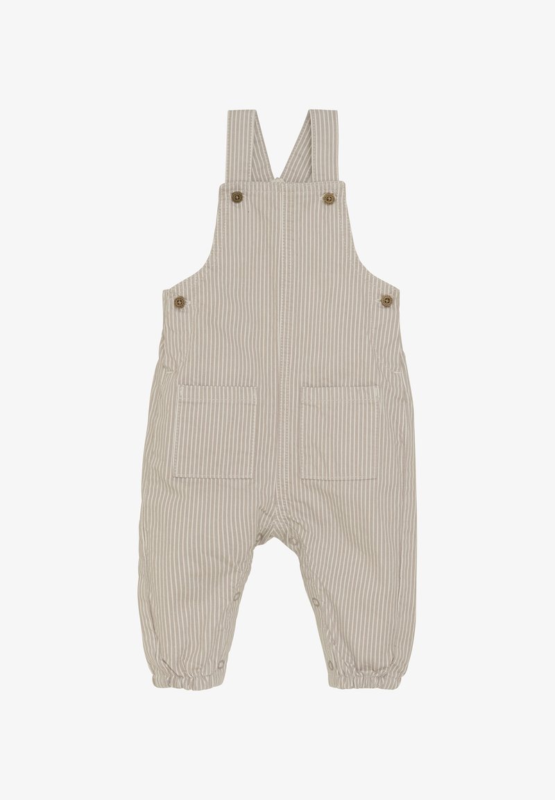 Beżowy ogrodniczki w paski z regulowanymi ramiączkami, dwiema kieszeniami z przodu, elastycznymi mankietami oraz guzikami. Wykonane z lekkiego materiału.