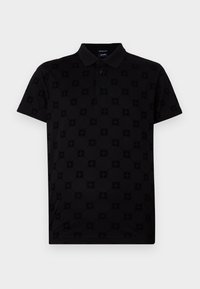Svart polo skjorte laget av mykt stoff, med et teksturert mønster av sirkulære motiver og en klassisk krage med tre knapper.