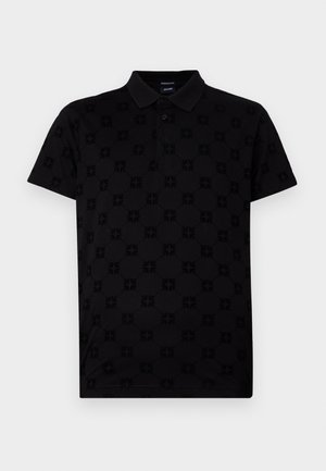 Svart polo skjorte laget av mykt stoff, med et teksturert mønster av sirkulære motiver og en klassisk krage med tre knapper.