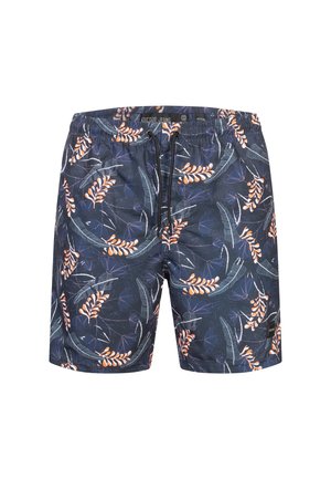 Marine zwemshorts met een bloemmotief in oranje en blauw, elastische tailleband met trekkoord, lichtgewicht en sneldrogend materiaal.