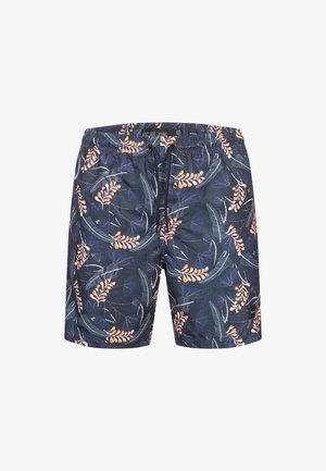 Marine zwemshorts met een bloemmotief in oranje en blauw, elastische tailleband met trekkoord, lichtgewicht en sneldrogend materiaal.