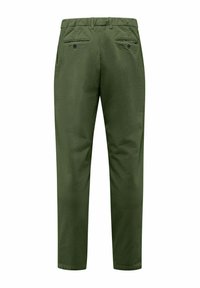 Pantaloni in corduroy verde oliva a gamba dritta, con due tasche posteriori con bottoni e una finitura in tessuto testurizzato.