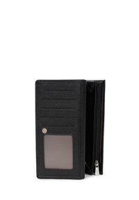 Portefeuille en cuir noir avec une finition texturée, comportant plusieurs emplacements pour cartes, une fenêtre ID transparente, et un compartiment zippé.