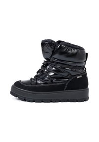 Czarne wodoodporne zimowe buty z błyszczącym i matowym wykończeniem, wyściełanym kołnierzem, teksturowaną outsole i sznurowanym zapięciem dla bezpiecznego dopasowania.