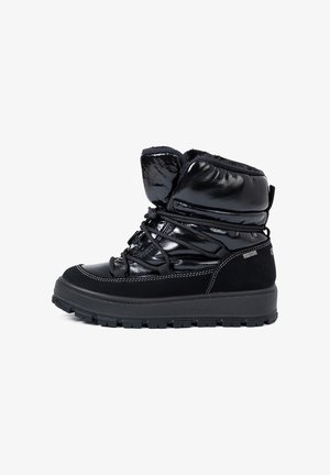 Czarne wodoodporne zimowe buty z błyszczącym i matowym wykończeniem, wyściełanym kołnierzem, teksturowaną outsole i sznurowanym zapięciem dla bezpiecznego dopasowania.