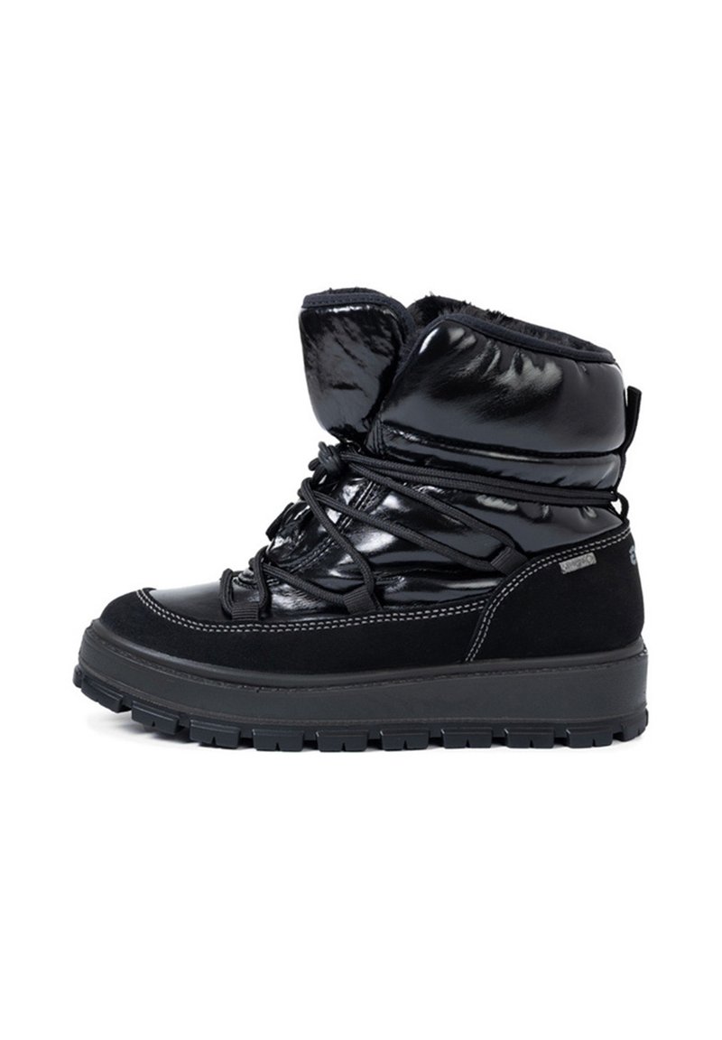 Czarne wodoodporne zimowe buty z błyszczącym i matowym wykończeniem, wyściełanym kołnierzem, teksturowaną outsole i sznurowanym zapięciem dla bezpiecznego dopasowania.