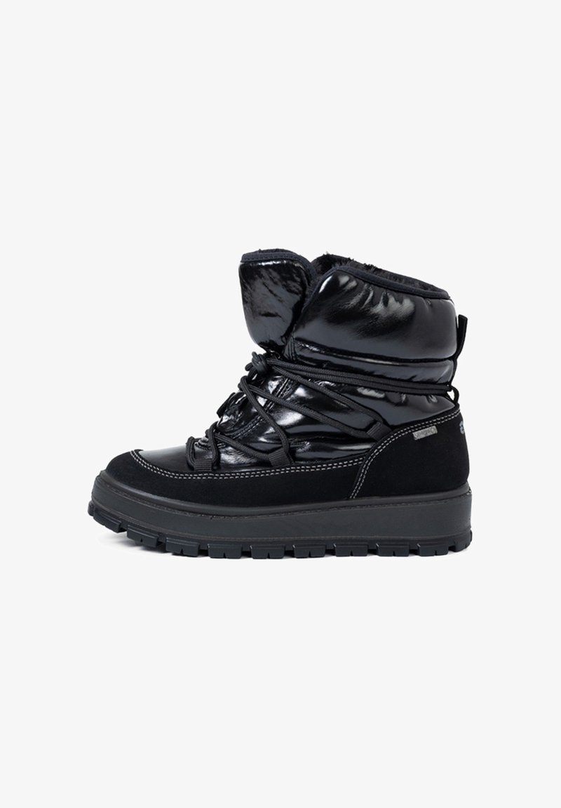 Czarne wodoodporne zimowe buty z błyszczącym i matowym wykończeniem, wyściełanym kołnierzem, teksturowaną outsole i sznurowanym zapięciem dla bezpiecznego dopasowania.