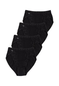 Quattro paia di slip neri in cotone con dettagli in pizzo sui lati e una vita scallop. Texture liscia, design a copertura completa.