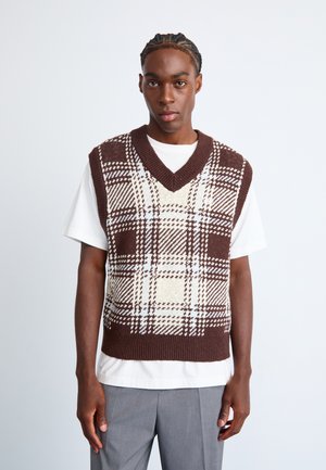 Young man with braided hair wearing a brown and cream plaid knit vest over a white t-shirt and gray trousers against a plain background.