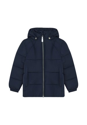 Chaqueta acolchada azul marino con capucha, cremallera frontal, dos bolsillos laterales y puños elásticos en las mangas largas.