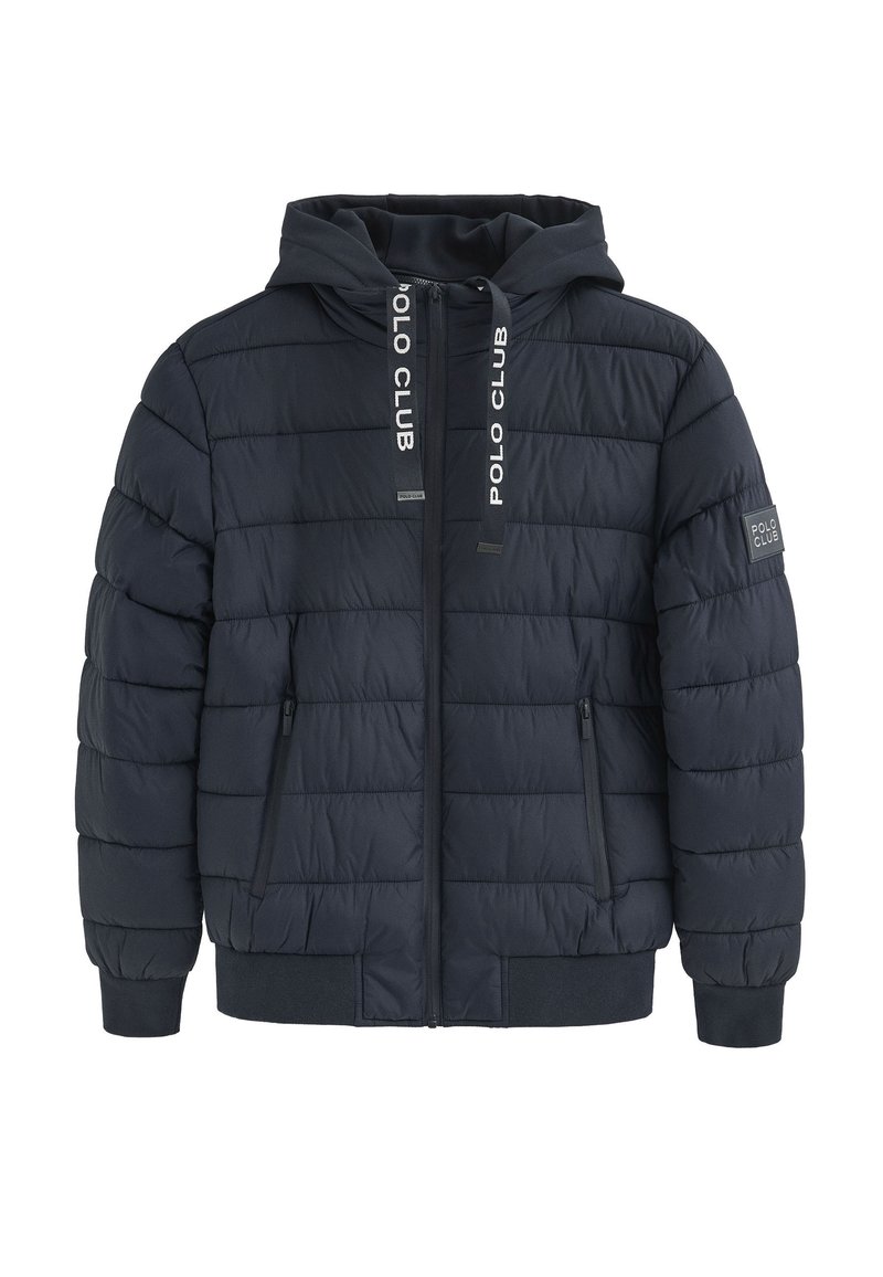 Giacca imbottita blu navy con cappuccio, caratterizzata da un design a righe verticali, due tasche frontali con zip, polsini a costine e dettagli con logo sul cappuccio.