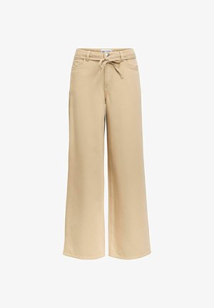 Beige wijde broekspijpen van zachte stof, met een gestrikte taille, riemlussen en twee zijzakken, met een rechte en vloeiende snit.