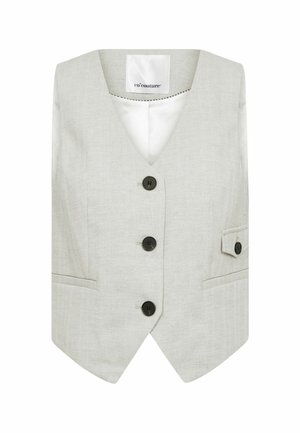 Light gray vest with a V-neckline, four black buttons, and side pockets; smooth texture with a subtle pattern. Designed without sleeves.