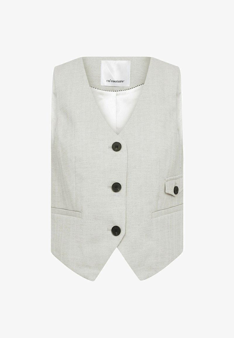 Heled hall vest V-kaelusega, neli musta nuppu ja küljetaskut; sile tekstuur peene mustriga. Kujundatud ilma varrukateta.