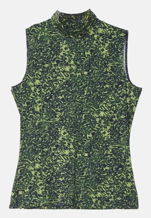 Top bez rukávů s rolákem v zeleném a tmavě modrém vzoru, který má texturovaný, organický design. Měkká látka s uvolněným střihem.