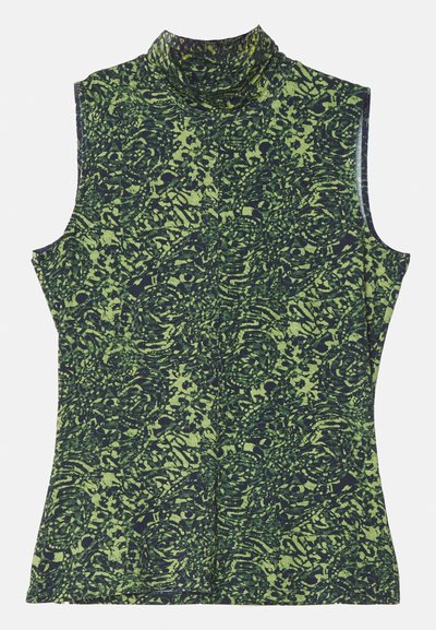 Zaļa un tumši zilā raksta bezpieces tērps ar augstu apkakli, ar teksturētu, organisku dizainu. Mīksta auduma, brīva piegriezuma.