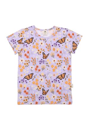 Lilac short-sleeve shirt with a floral and butterfly print; features orange, pink, and purple flowers with black butterfly accents.