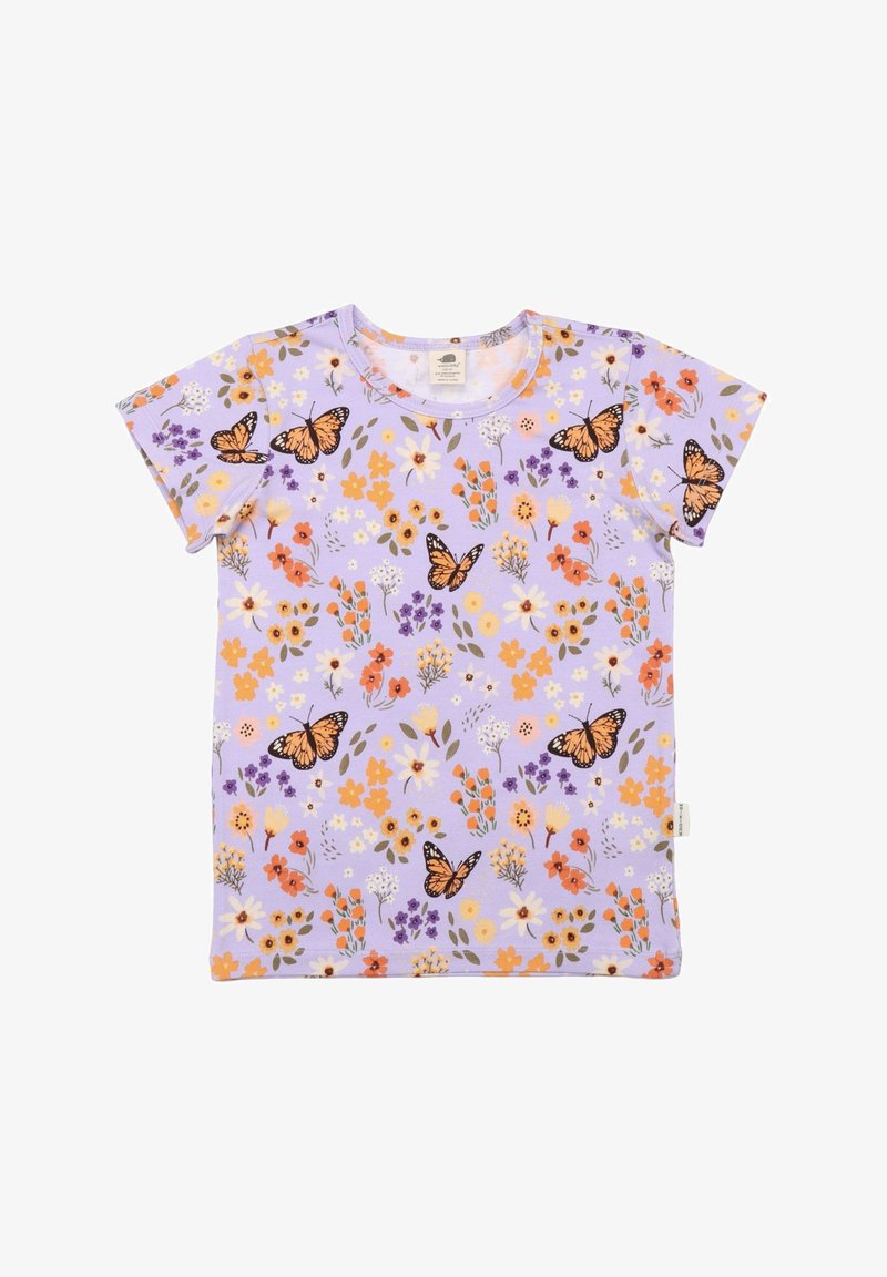 Lilac short-sleeve shirt with a floral and butterfly print; features orange, pink, and purple flowers with black butterfly accents.