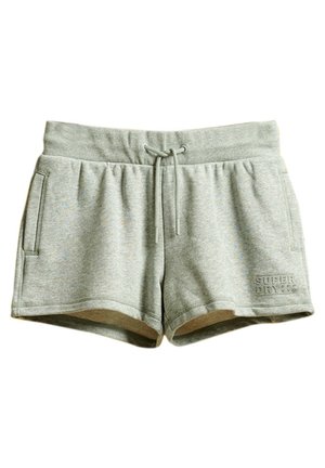Shorts gris clair en mélange de coton avec ceinture élastique, cordon de serrage, poches latérales et logo "Super Dry" sur l'ourlet gauche.