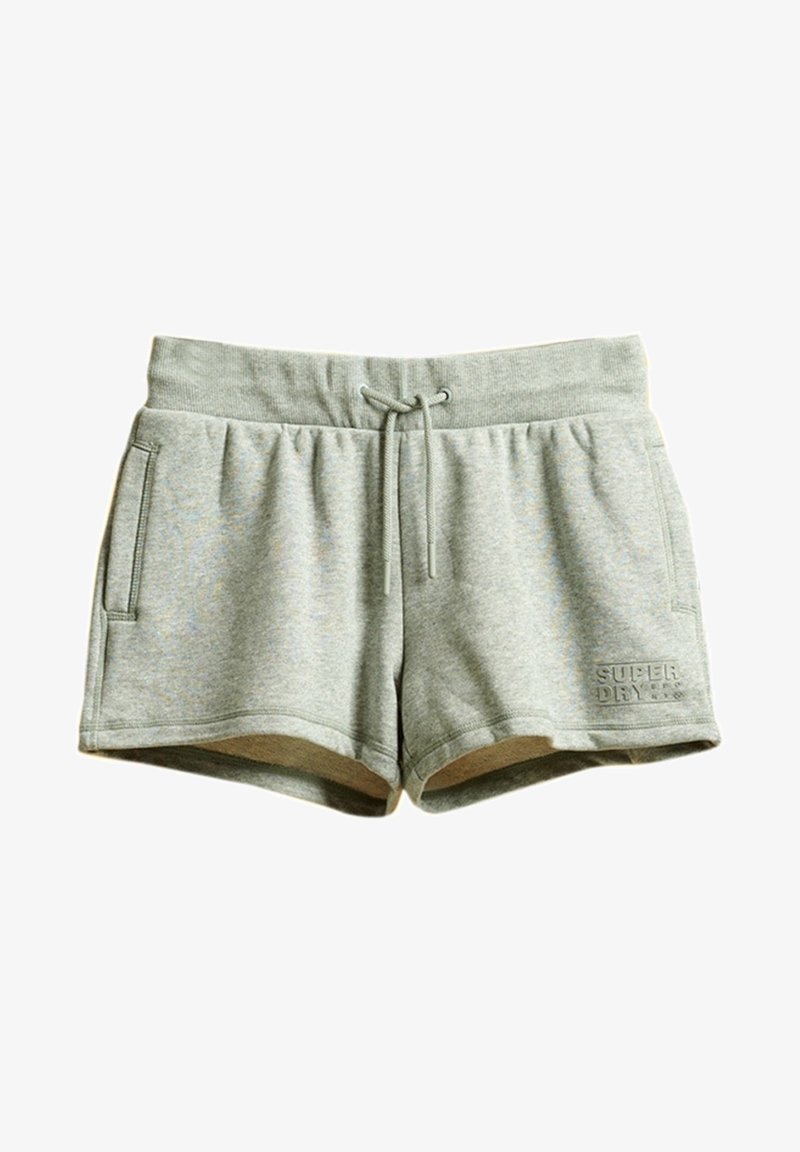 Shorts gris clair en mélange de coton avec ceinture élastique, cordon de serrage, poches latérales et logo "Super Dry" sur l'ourlet gauche.