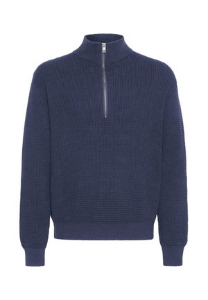 Navy blue zip-neck sweater with a textured knit pattern, ribbed cuffs and hem, and a half-length zipper at the collar.