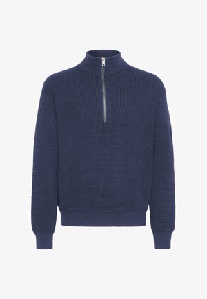 Marineblauwe trui met ritssluiting bij de hals, voorzien van een textuurgebreide patroon, geribde manchetten en onderrand, en een halflange rits bij de kraag.