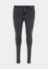 Jeans ajustados en denim gris oscuro, con cremallera y cierre de botón, cinco bolsillos y un acabado suave, ligeramente texturizado.