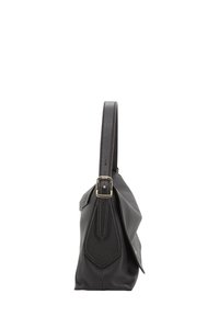 Zwarte leren handtas met een textuurafwerking. Beschikt over een enkele verstelbare schouderriem met een gouden gesp en een gestructureerde vorm.