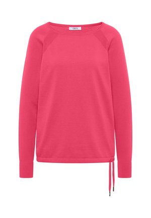 Pull rose à manches longues avec encolure ronde, détails côtelés aux épaules et cordon ajustable à l'ourlet sur le côté droit.
