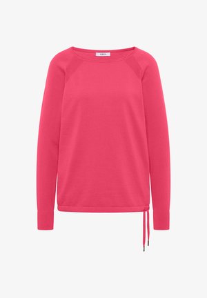 Suéter rosa de manga larga con escote redondo, detalles acanalados en los hombros y cordón ajustable en el dobladillo del lado derecho.