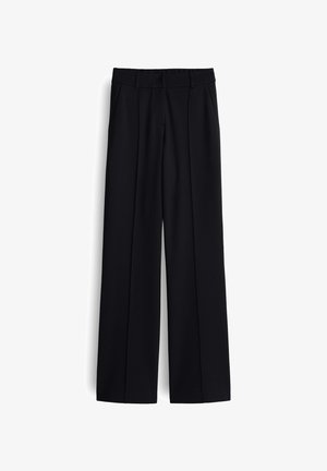 Wide-leg black trousers with a smooth fabric texture, pleated design, and front pockets. Features a fitted waistband for comfort.