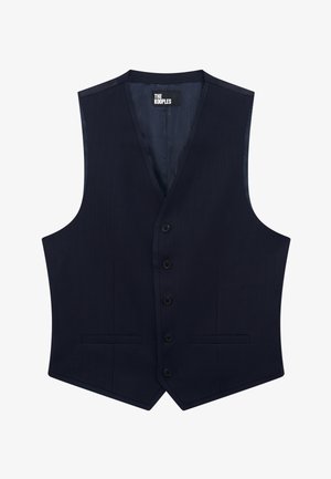 Navy blue vest made of a textured fabric, featuring a V-neck, six buttons down the front, and two side pockets.