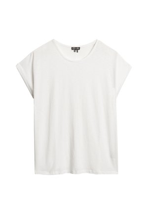 Biała koszulka z krótkim rękawem i okrągłym dekoltem. Wykonana z miękkiej tkaniny, o luźnym kroju i nieustrukturyzowanej sylwetce.