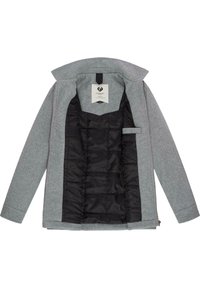 Gray wool-blend jacket with a structured collar, featuring a quilted black lining, side pockets, and a label at the center back.