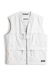 Λευκό γιλέκο εργασίας χωρίς μανίκια με φερμουάρ μπροστά, κλείσιμο με πατιλέτα με κουμπώματα, δύο τσέπες με φερμουάρ και ετικέτες της μάρκας AIGLE στο στήθος και στο τελείωμα.