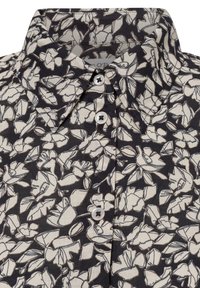 Zwart en crèmekleurig bloemenpatroon shirt met een puntige kraag, drie knopen en een zachte stofstructuur.