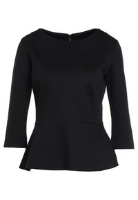 Schwarzes Peplum-Top mit rundem Ausschnitt, dreiviertel Ärmeln und einem Reißverschluss auf der Rückseite. Hergestellt aus glattem, strukturiertem Stoff.