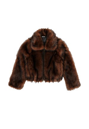 Brązowa kurtka z futra syntetycznego, krótka, z długimi rękawami i dużym kołnierzem, z zamkiem błyskawicznym z przodu.