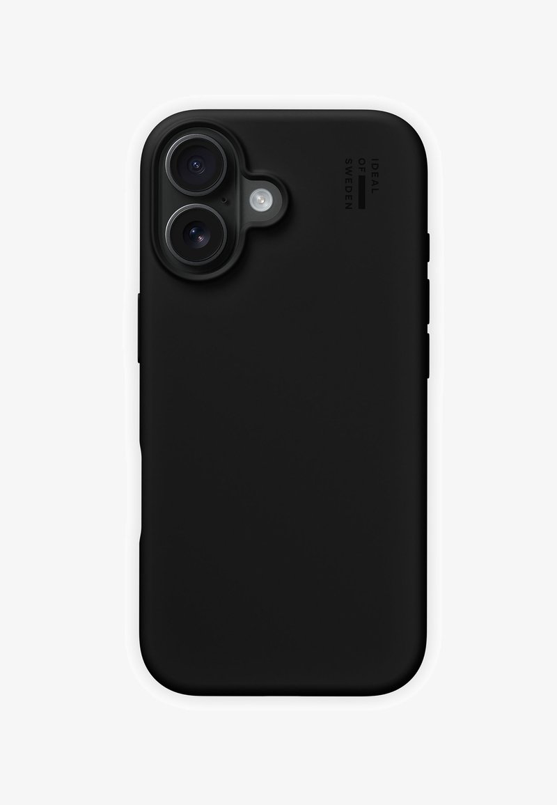 Funda para smartphone negra con acabado mate, bordes redondeados, recortes para lentes de cámara dual y botones táctiles en el lateral.