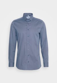 Camicia a maniche lunghe con bottoni di colore blu navy, con un motivo geometrico, caratterizzata da un colletto classico e bottoni in contrasto. Tessuto in misto cotone.
