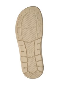 Rubber shoe sole, light beige, textured with treads and grooves. Features hexagonal patterns and rectangular accents, marked with size 41.