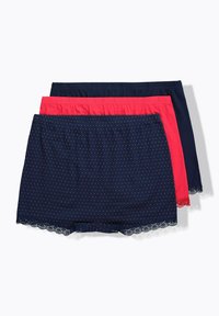 Tre paia di boxer in cotone per donna, uno in navy con pois bianchi, uno rosso e uno blu notte uniforme, ciascuno con vita elasticizzata e rifinitura in pizzo.