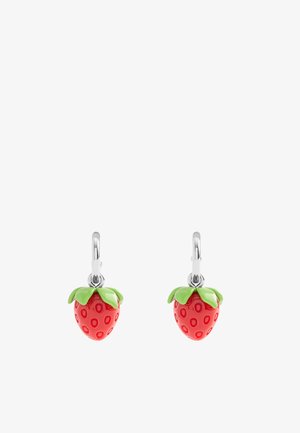 Red strawberry-shaped earrings with raised seeds, green leaves on top, and silver hardware for attachment. Bright, glossy finish.