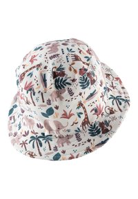 Ein Hut aus Stoff mit einem bunten Dschungelmuster, das Tiere wie Elefanten und Giraffen zeigt, mit einer breiten, weichen Krempe.